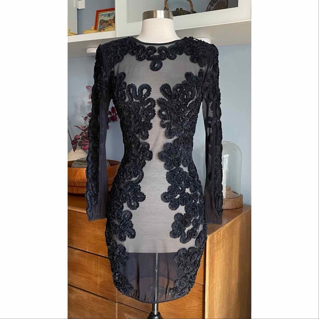 Vtg 80s 90s Casadei Black Sheer Cocktail Bodycon Dress Size 6 / S Illusion